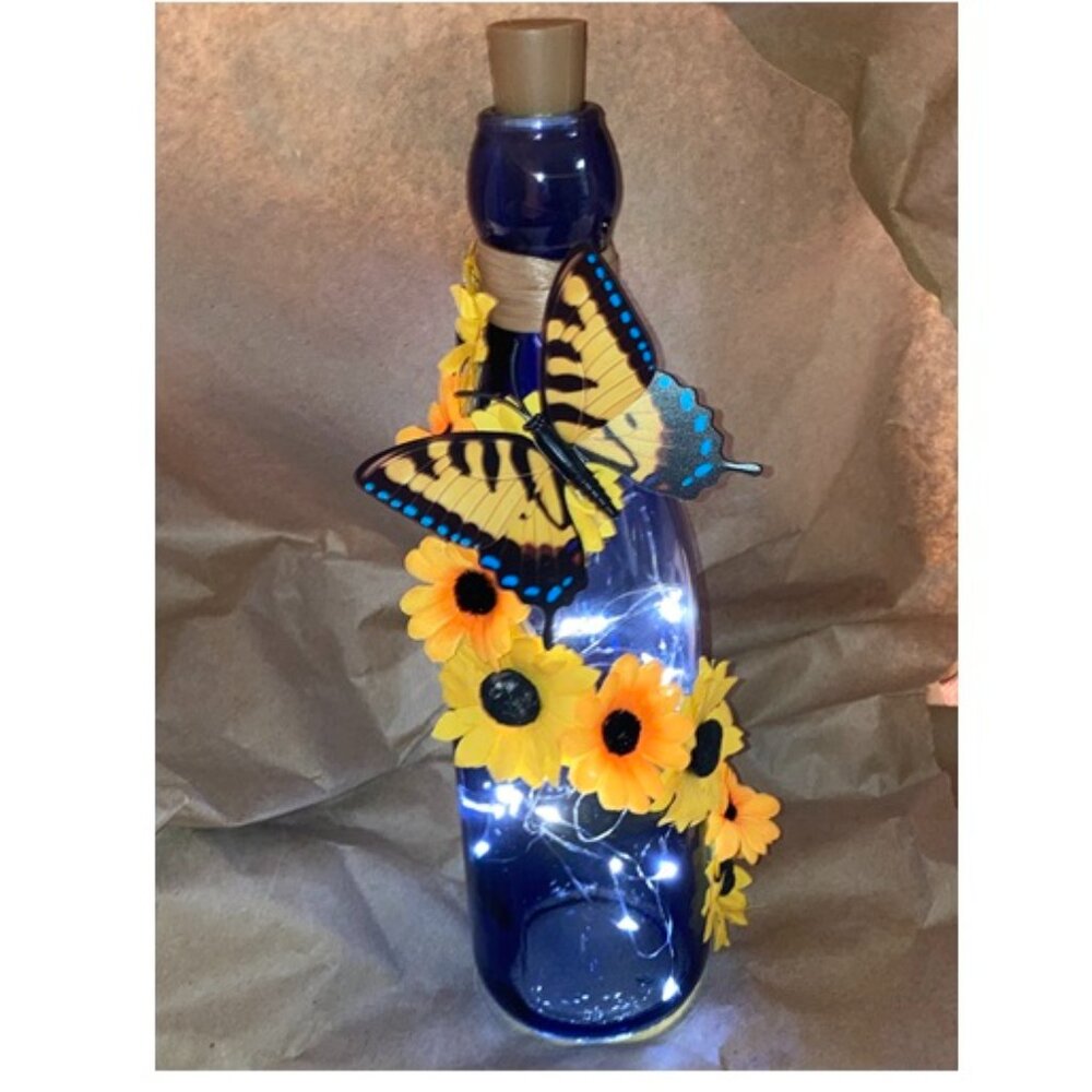 BUTTERFLY SUNFLOWER LIGHTED WINE BOTTLE Handmade Black Eyed Susan Light Up Blue